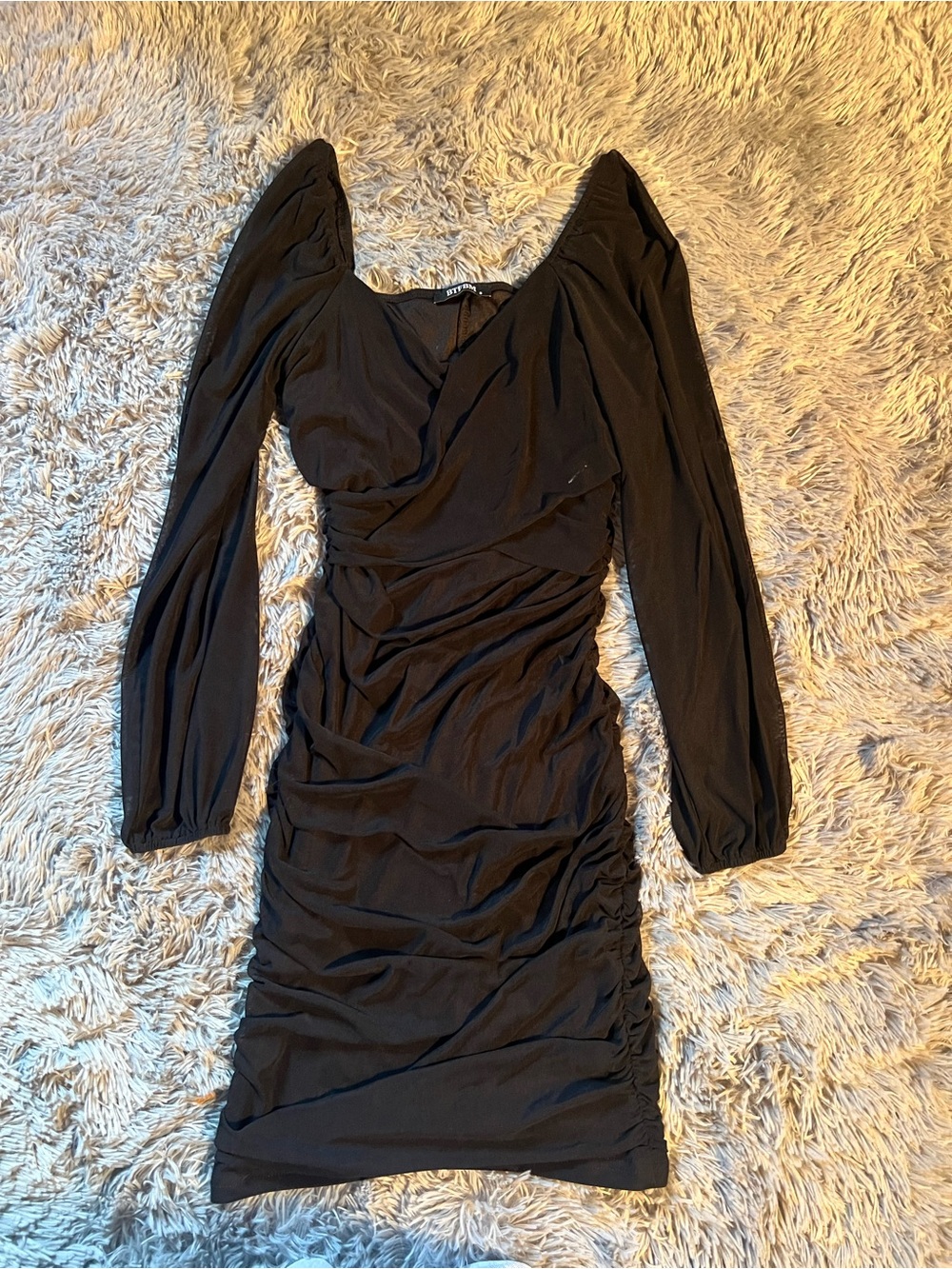 Black Ruched Long-Sleeve Dress